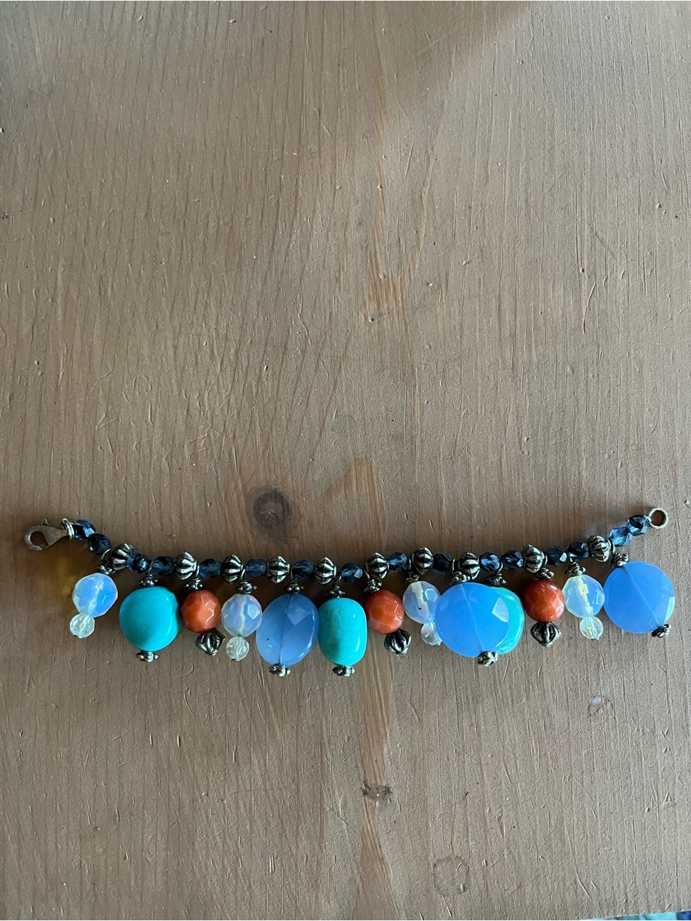 Sterling silver chunky magnasite turquoise glass bead bracelet 925 clasp / beads